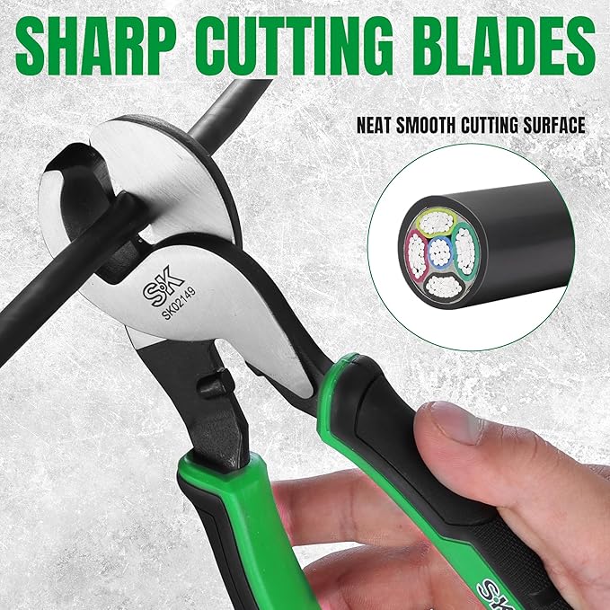 SK 9.5-Inch Cable Cutter, Heavy-Duty Wire Cutter, High Leverage Cable Cutting Pliers with Knurled Handle, Premium CR-V Steel, for Aluminum, Copper, Wire, and Communications Cable