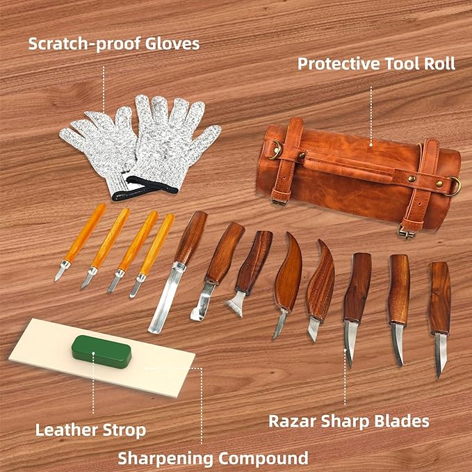 Wood Carving Kit, 16Pcs Deluxe Whittling Set with 8Pcs Whittling Knives & 4Pcs Detail Carving Knives, PU Leather Storage Bag,complete Woodworking Tools for Beginners & Professionals