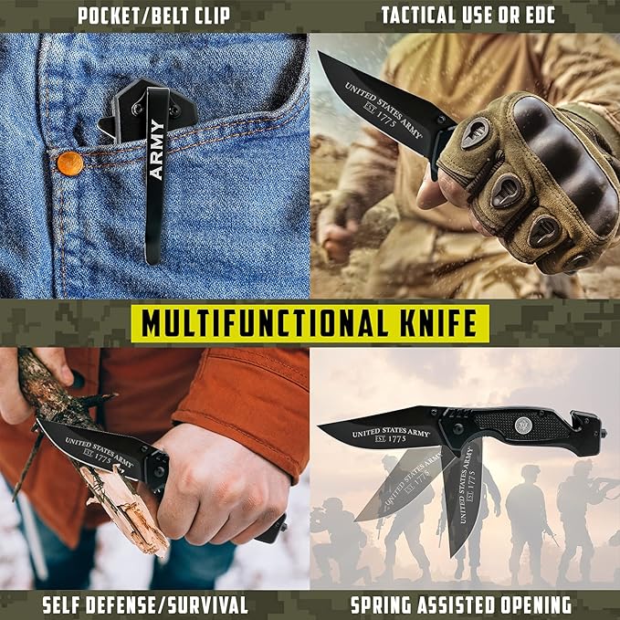 US Army Folding Elite Black Stealth Tactical Knife - Spring Assisted US Army Rescue Knife - Great Gift for the Soldier in your Life - Army Knife Black