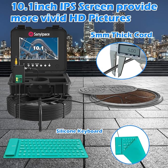 Sanyipace Sewer Camera 230FT/70M with 512Hz Transmitter, Self-Leveling, Distance Counter, Plumbing Pipe Inspection Camera with Mic Speaker DVR Recorder, 16GB TF Card, 5mm Cable, Roller Guide Wheel