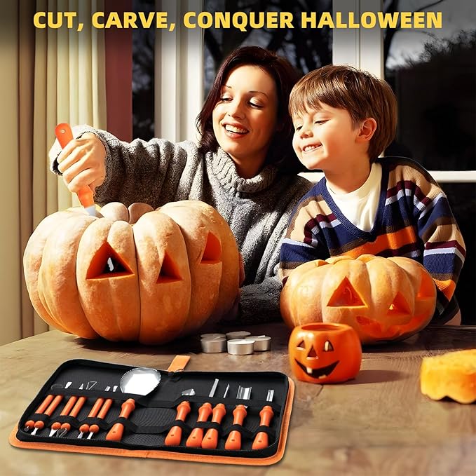 inin 12PCS Halloween Pumpkin Carving Kit with 12 Stencils & Hand Bag,Stainless Steel Pumpkin Carving Tools,Professional Pumpkin Decorating Set,Halloween Decorations for Kids & Adluts.