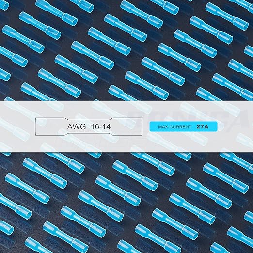 haisstronica 100PCS Blue Heat Shrink Butt Connectors AWG16-14,Marine Grade Waterproof Heat Shrink Wire Connectors,Tinned Red Copper 0.8mm,Insulated Crimp Butt Splice Electrical Connectors