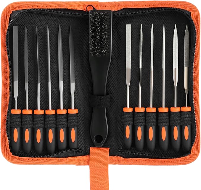 KUZURYU 14PCS Needle File Set - Small Diamond Files with 6 Jeweler's Files & 6 Steel Files （150mm）for DIY, Jewelry, Plastic, Wood & Metal Crafting – with Storage Bag & Steel Brush