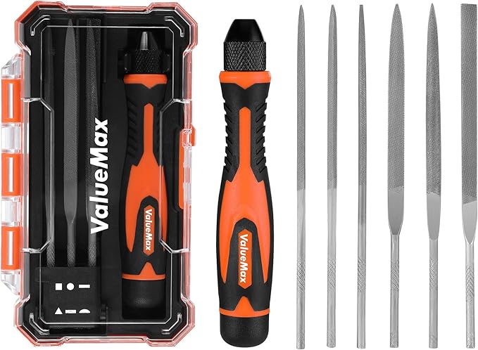 ValueMax 7PCS Interchangeable Needle File Set, Small File Set Includes Flat, Flat Warding, Round, Half-Round, Square, Triangular File and A Handle, Suitable for Shaping Metal, Wood, Jewelry, Plastic