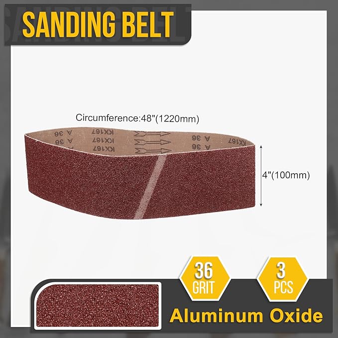 4 x 48 Inch Sanding Belt, 3 Pcs 36 Grit Aluminum Oxide Knife Sharpener Belts Work Sharpening for Belt Sander Knife Carving Tool Metal Working