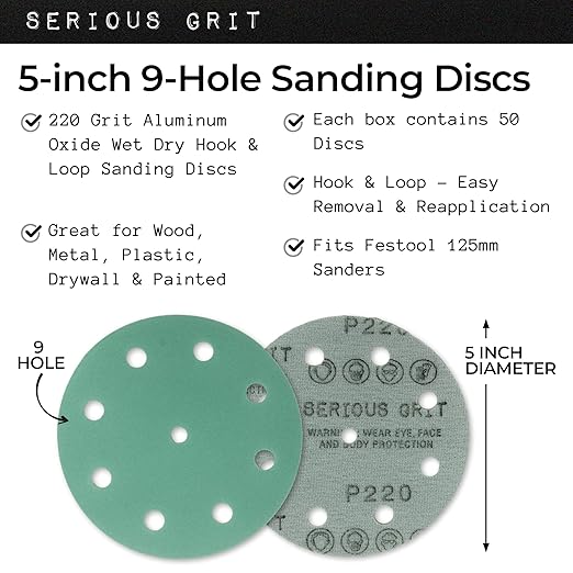 5-Inch 9-Hole 220 Grit Sanding Discs - Heavy-Duty Hook & Loop Film Discs - Sandpaper for Random Orbital Sanders - 50 Pack Box
