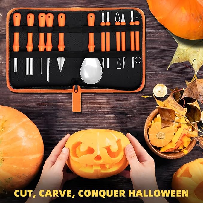 inin 12PCS Halloween Pumpkin Carving Kit with 12 Stencils & Hand Bag,Stainless Steel Pumpkin Carving Tools,Professional Pumpkin Decorating Set,Halloween Decorations for Kids & Adluts.
