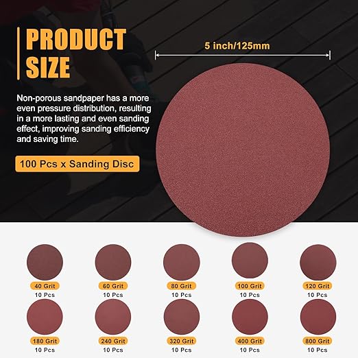 100 Pcs 5 Inch Sanding Disc 40/60/80/100/120/180/240/320/400/800 Grit Round Hook and Loop Sandpaper for Random Orbital Sander Automotive Car