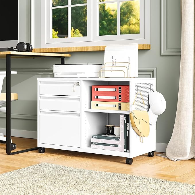 Mobile Filing Cabinet with Lock,Metal Lateral File cabinets Printer Stand with Storage Cabinet for Home Office,A4/F4/Letter (White-3 Drawer)