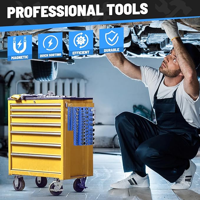 Magnetic Socket Organizer Set, 6pcs Metric SAE Magnetic Socket Holder Set Includes 1/4", 3/8", 1/2", Socket Trays Holds 143pcs Standard&Deep Size Sockets for Tool Box Drawers Tool Carts Mechanics