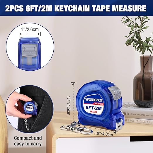 WORKPRO Mini Tape Measure, 2 Pcs 6FT Retractable Easy Reading Keychain Tape Measurement, Inch/Metric Scale Pocket Size Small Tape Measure for Engineer, Portable, ABS Protective Casing, Blue