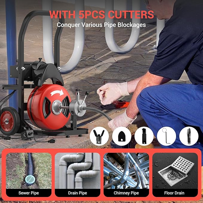 Electric Drain Cleaning Machine 75Ft 1/2 Inch, 450W Auto Feed Portable Sewer Snake, Drain Auger with 6 Cutter and Air-Activated Foot Switch for 2"–4" Pipes