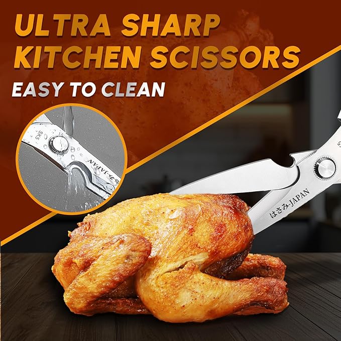 HUUSK Kitchen Shears Set Upgraded - Stainless Steel Kitchen Scissors, Sharp Meat Scissors, Heavy Duty Poultry Shear, Japanese Cooking Scissor for Food, Chicken Bones, and Turkey - Dishwasher Safe