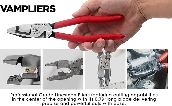 VAMPLIERS 8.5" Shearing Linesman Pliers, Electrician Side Cutting Pliers Screw Extractor Jaws, Crimper, & Shearing Blades. Easily Cut PVC insulated 3-Core Cable, Copper Wire, Soft Metals
