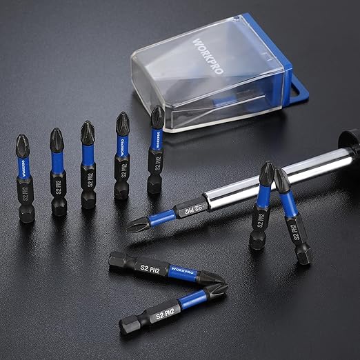 WORKPRO 12pcs PH2 Impact Phillips Screwdriver Bit Set, CNC Machined S2 Steel Tips with Magnetism, 1/4" Hex-Shank Driver Bits, 2" Long Impact Screwdriving Bits with Storage Box