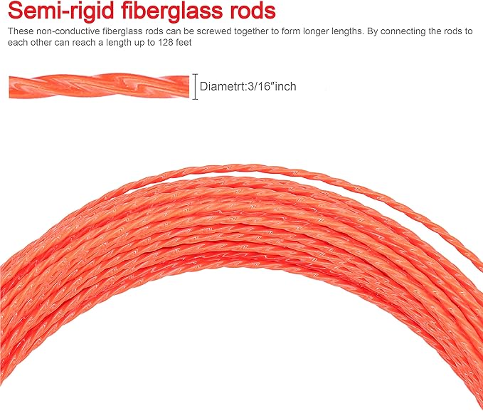 128 FT Fish Tape Wire Puller Through Wall Wire Threader Fish plus Fish Cable Fastener