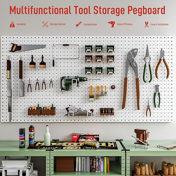 Peg Board, 4 Pack Metal Pegboard Panels Pegboards Wall Organizer with 24Pcs Hooks, Peg Board for Walls Garage Tool Storage Office Organization Kitchen Craft Room (White, 4PCS with 24 Hooks)