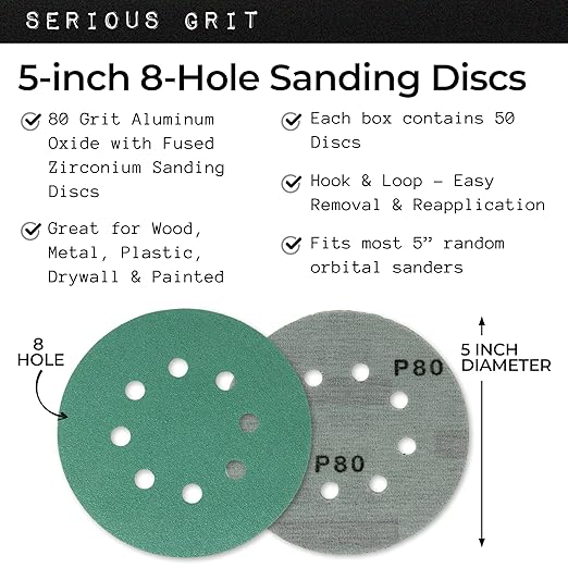 Sanding Discs 5 Inch 8 Hole 80 Grit - Heavy-Duty Hook & Loop Wet Dry Film Sandpaper Discs - Medium Grit Sand Paper for Random Orbital Sanders - Wood, Automotive, Metal, etc - 50 Pack Box