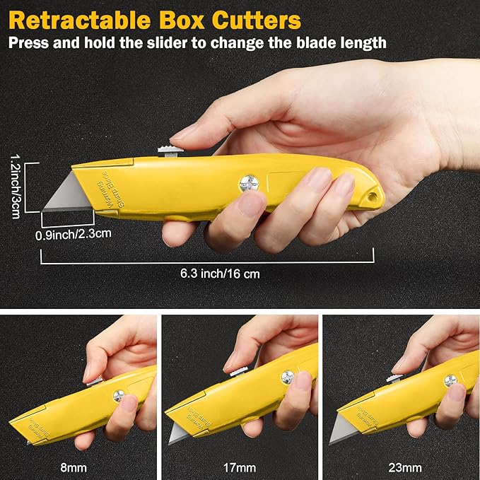 Reginary 20 Pcs Box Cutter Bulk Retractable Utility Knife Heavy Duty Aluminum Alloy Razor Knife for Cardboard Box Carton Opener for DIY, Factory, Home Office(Yellow)