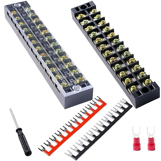 Terminal Block (2 Sets) 2Pcs 12 Positions Dual Row 600V 25A Screw Terminal Strip Blocks with Cover&2Pcs Pre-Insulated Barrier Termina Block Strip&24Pcs Insulated Fork Wire Connector