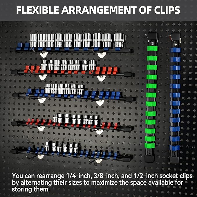 Socket Organizer Drive ABS Tools - Green Socket Holder, Premium Quality 9 Pieces Socket Holders Kit 1/4-Inch x 48 Clips, 3/8-Inch x 45 Clips, 1/2-Inch x 36 Clips（9PC,Green