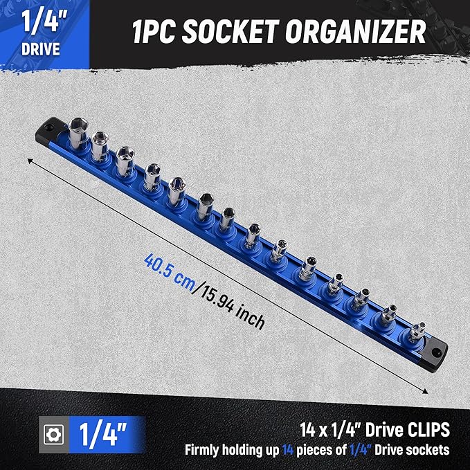 ALOANES Magnetic Socket Organizer, 1/4-Inch Drive Aluminum Socket Holder Socket Tray, Heavy Duty Socket Rail Organizer for Tool Box Drawer, 360°Swivel Clips Socket Rack 1/4-Inch x 14 Clips (Blue)