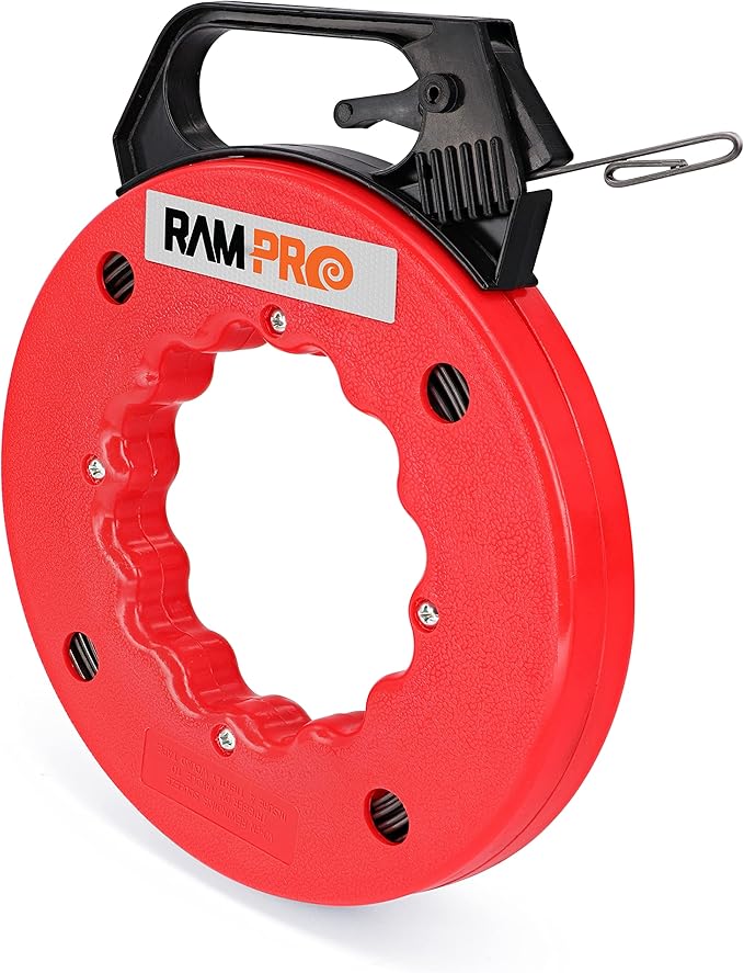 Fish Tape Wire Puller 50ft - Easy to use Cable Puller Tool with Double Loop Tip - Flexible Wire Fishing Tools for Walls and Electrical Conduit - 1/8 Steel Fish Tape Durable Housing - RamPro