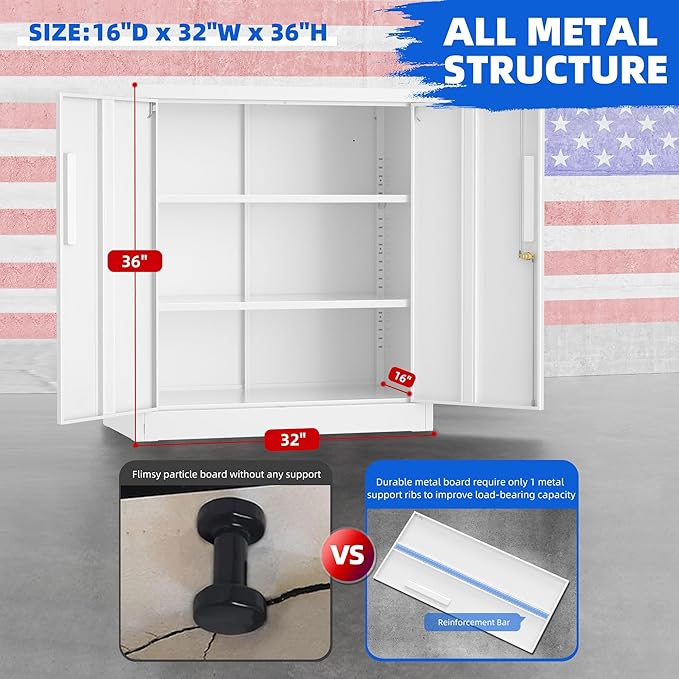 Pataku Metal Storage Cabinet, Garage Cabinet with Doors and Shelves 36" Hx32 Wx16 D, Steel Lockable File Cabinets for Office, Home, Garage, Basement, Industrial, White