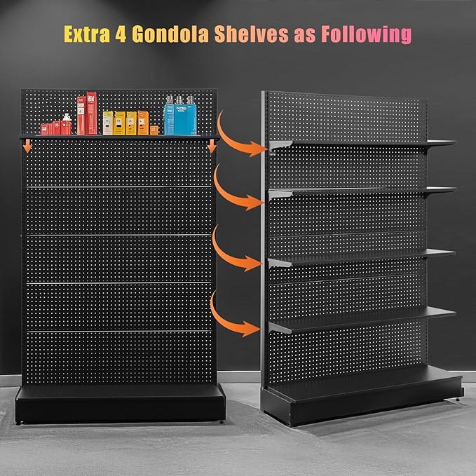 Eastern Tree 4 Packs Gondola Shelves 47 1/4”L x 13 1/2”W for Industrial Grade Black Pegboard Display Stand, 4 Shelves for Gondola Units with 8 Pieces Supply Arms