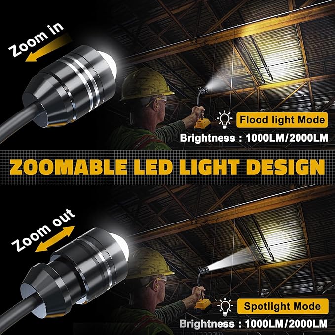 LIVOWALNY 2000LM LED Work Light Compatible with Dewalt 20V Battery, 20W Flood Light, 12" Flexible Gooseneck, Flashlight Lights with USB-A & Type-C Charging Port, Low Voltage Protection (No Battery)