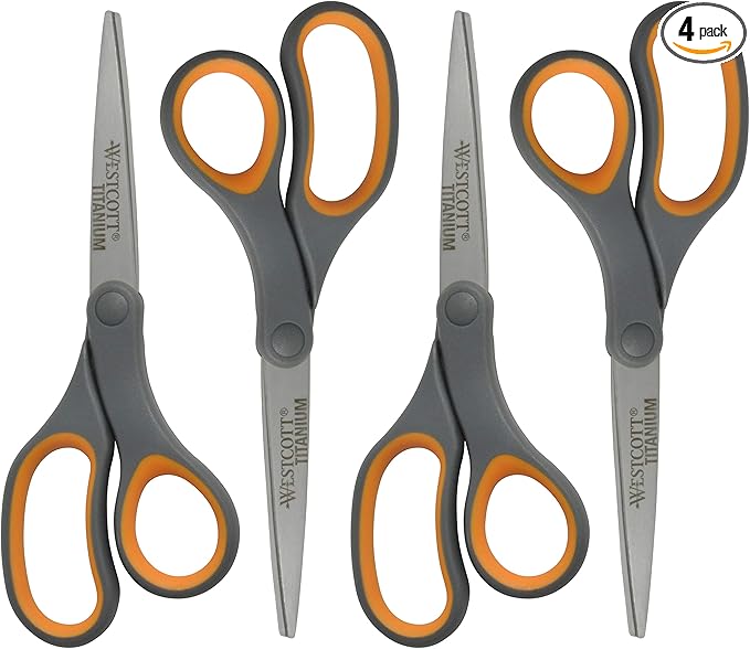 Westcott 8-Inch Titanium Bonded Straight Scissors, Soft Handle, Gray/Yellow, 4-Pack