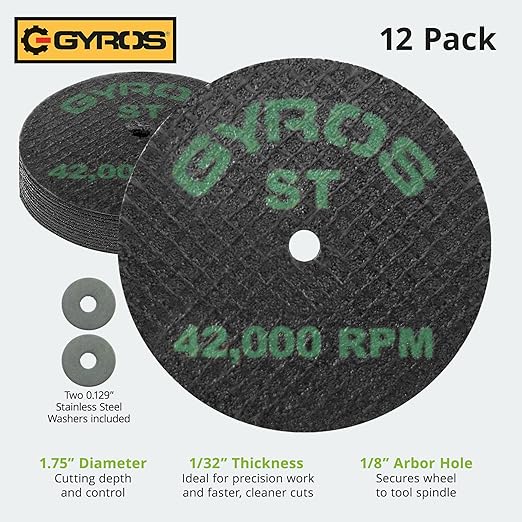 GYROS 1.75” Mini Resin Cut-Off Wheels for Rotary Tools, 12 Double Fiberglass Reinforced Cutting Discs, ST Materials Like Titanium, Carbon; Dremel Cutting Tool Accessory. Made in USA 11-41702/12