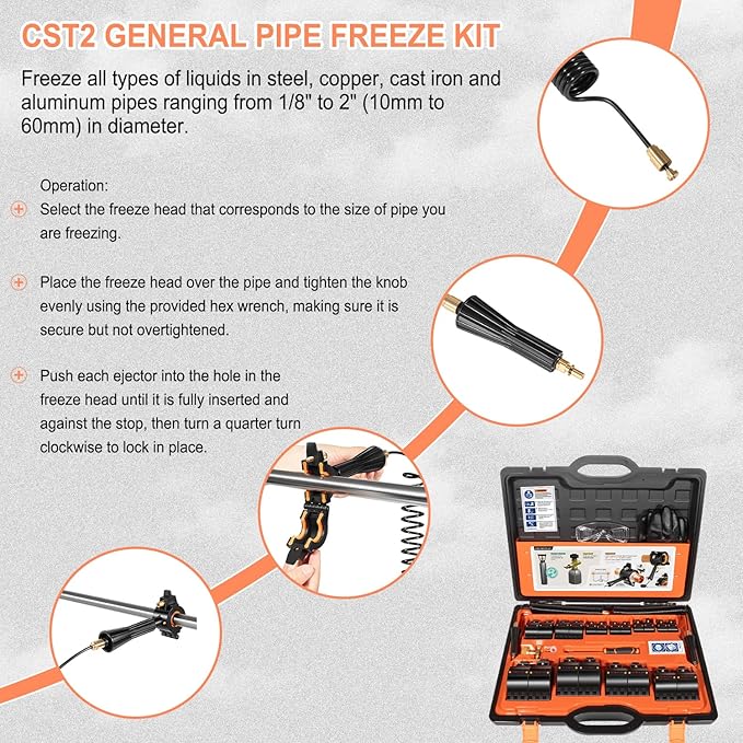 Pipe Freeze Kit, CST2 Pipe Freezing Kit For 1/8" to 2" OD, Use CO2 To Freeze Tube Wire Plumbing, Water Line Repair Tool Kit, Replacement For Cold Shot Pipe Freeze Kit
