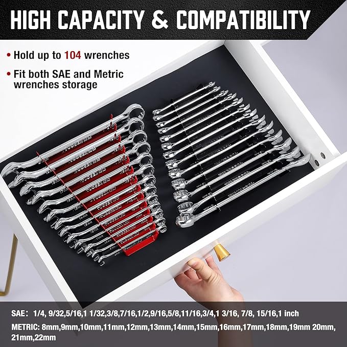 ALOANES 104-Slot Metal Wrench Organizer, Heavy Duty Wrench Organizer Tray for Tool Box, Professional Fit SAE & Metric Wrench Storage, 8 Pack Wrench Holders(4 Colors)