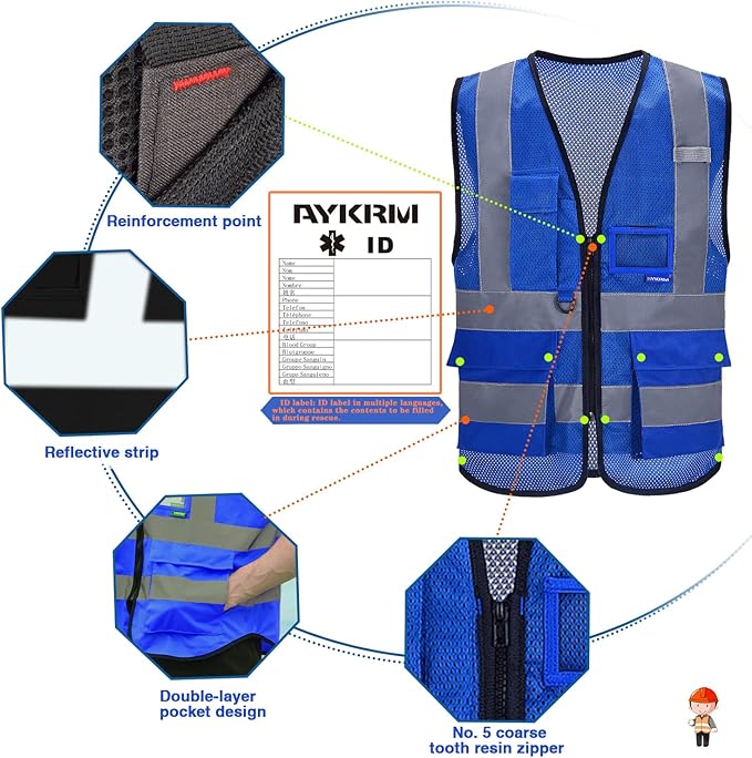 A-SAFETY High Visibility Mesh Safety Reflective Vest with Pockets and Zipper,Hi Viz Work Vest for Men Women (Blue Mesh L)