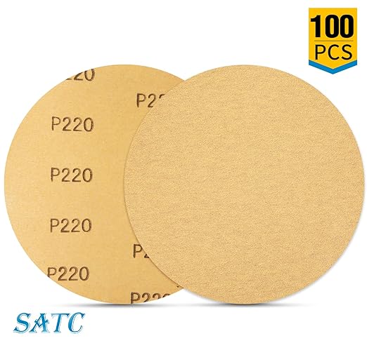 S SATC 100 PCS PSA Sanding Discs 6 Inch Adhesive Backed Sandpaper 220 Grit Sander Attachment for Drill Self Stick Aluminum Oxide Round Automotive Sandpaper with Sticky Back