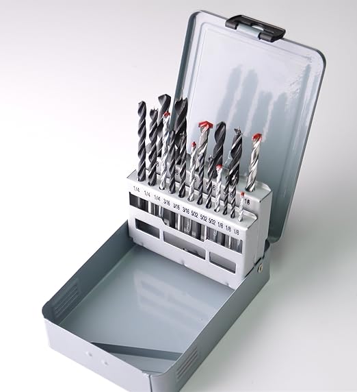 DRILLFORCE 18pc Combination Drill Set - HSS, Brad Point Wood, Masonry Drill Bits