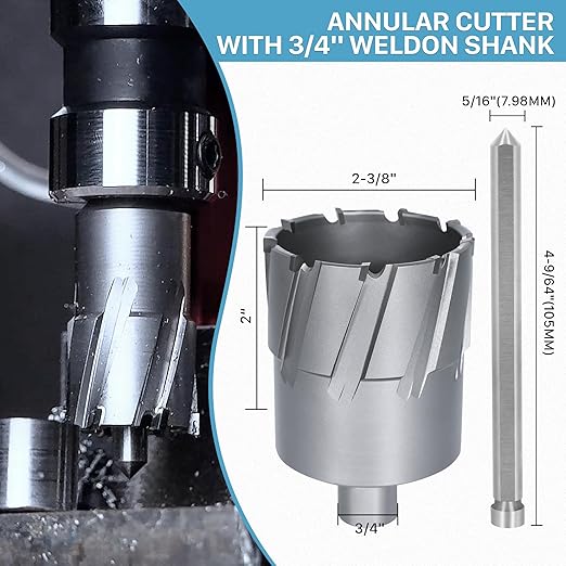 KEENTECH Carbide-Tipped Annular Cutter, 2-3/8" Diameter x 2" Depth, 3/4" Weldon Shank (2 Flat), High Speed Cutting TCT Mag Drill Bit with Pilot Pin for Harder Material, Stainless Steel, Cast Iron