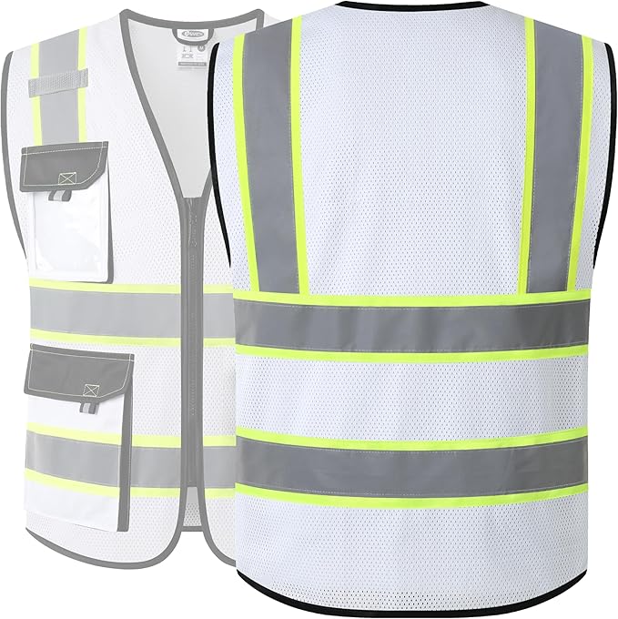 JKSafety Hi Vis Reflective Safety Vests for Men Women High Visibility Vest with Pockets Mesh Fabric Construction Safety Apparel Neon Vest for Work (220-White 3XL)