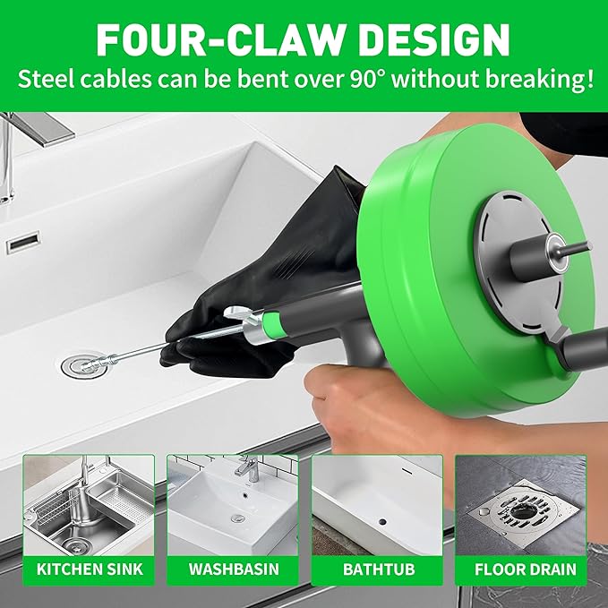 BACOENG 50Ft Drain Auger, Heavy Duty Plumbing Snake with Drill Adapter, Use Manually or Powered for Drain Clog, Shower Sink, Comes with Gloves and Bag (Green)