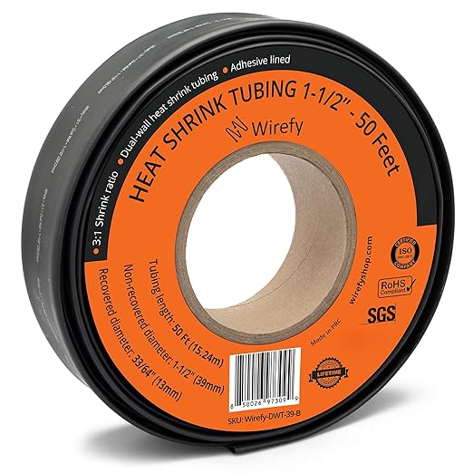 Wirefy 1-1/2" Heat Shrink Tubing - Large Diameter - 3:1 Ratio - Adhesive Lined - Industrial Heat-Shrink Tubing - Black - 50 Feet Roll