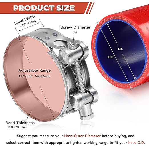 AKIHISA 4 Pack 44-47mm ID Range T-Bolt Hose Clamp,304 Stainless Steel Adjustable Heavy Duty Pipe Strap Clamps 1.73-1.85 Inch