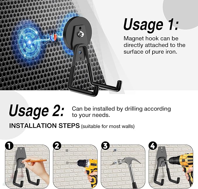 6 Pack Heavy Duty Storage Magnetic Utility Hooks Large Garage Strong Extra Magnet Hooks Hanger with Anti-Slip Coating Heavy Duty Magnetic Hooks for Hanging Power Dril Garage Garden Tools Black