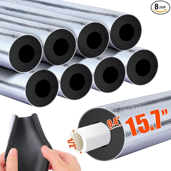 10.5ft Pipe Insulation Foam Tube for 1/2in Pipes - Pre Slit Duct Wrap with Aluminum Foil, for Outdoor Winter Cold Hot Water Pipe Winterizing Heat Preservation, Reduce Heat Loss Antifreeze 15.7"*8pcs