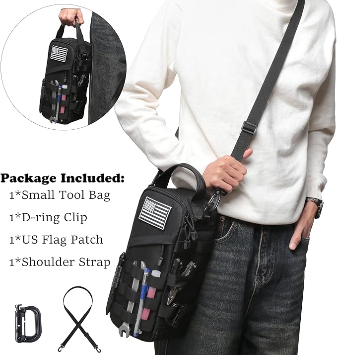 Heavy Duty Small Tool Bag with D-Ring Clip,Flag Patch&Shoulder Strap - Small Tactical Molle Zipper Tool Bag,EDC Storage Tool Bags for Men,Multipurpose Utility Work Organizer Bag