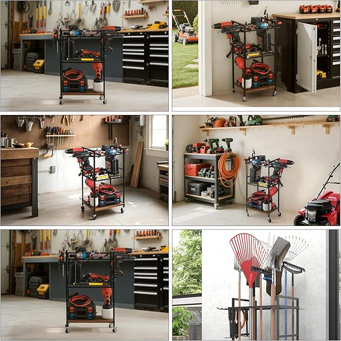 ULIBERMAGNET Power Tool Storage Organizer Cart, Metal Open Tool Rack Cart with Wheels,Heavy Duty Rolling Utility Storage Drill Rack Shelf for Garage, Shed, Yard Tool Holder, Basement,Gift Ideas