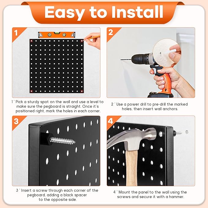 88 PCS Pegboard Panels Metal Black with Accessories Kit, Heavy Duty Steel Peg Boards Wall Tool Organizer with Screw, Bins, Hooks, Peg Locks for Garage, Tool Storage, Office, Craft Room, Kitchen
