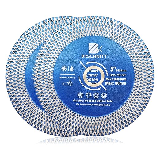 Diamond Porcelain Tile Saw Blade - BRSCHNITT 2pcs 5" Super Thin Diamond Cutting Grinding Disc with X Teeth Arbor 7/8“-5/8“ for Ceramic Tiles,Granite,Marble Angle Grinder Circle Saw Blade