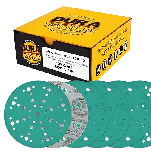 Dura-Gold Premium 100 Grit 6" Green Film Sanding Discs, 49-Hole Pattern, Box of 50 - Heavy-Duty Dustless Hook & Loop Backing Sandpaper for DA & Random Orbital Sanders, Sand Auto Paint, Wood Furniture