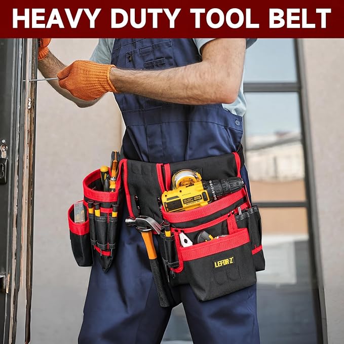 Tool Belt,Magnetic Tool Pouch,27-Pockets Heavy Duty Padded Tool Belts for Men,Detachable & Adjustable Tool Pouch Bag for Electrician,Carpenter,Construction,Work Apron,Utility Belt,Black,Red